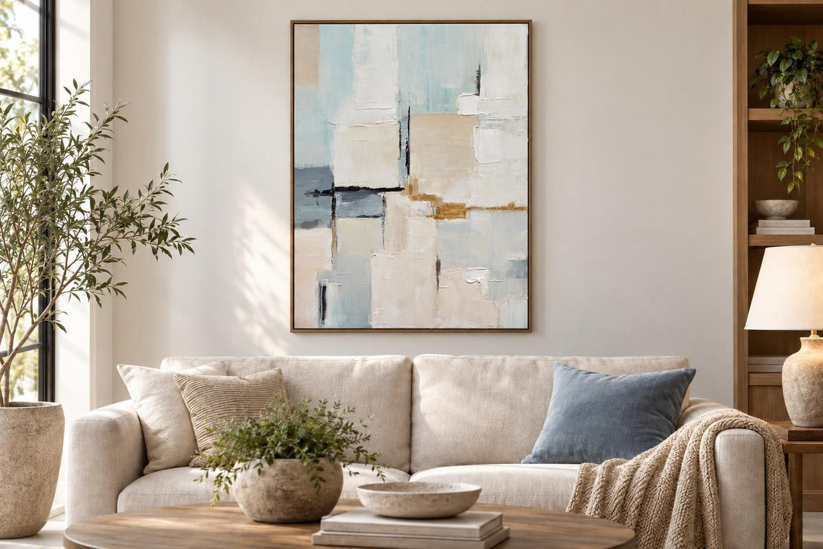 Quiet Intervals I - 35 X 47 - Hand-Painted Canvas In Frame - Ivory, Pale Blue, Beige, Gray, Black, Ochre
