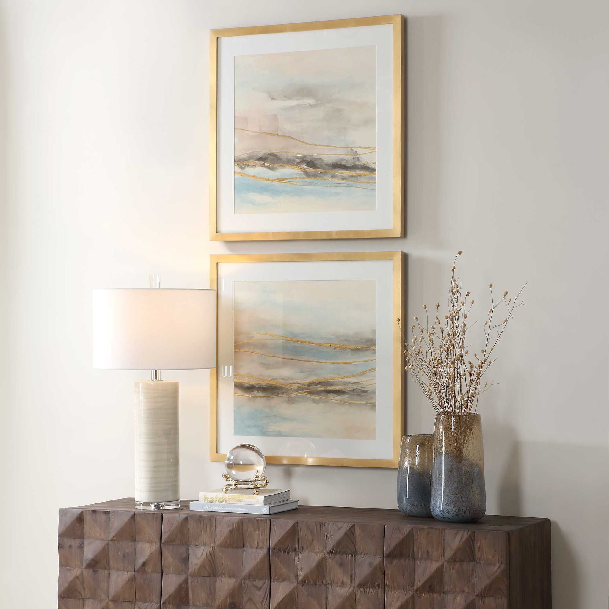 So Golden - Abstract Landscape Prints (Set of 2) - Black / Blue / Brass / Gold / Gray / Pink / White