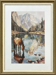 Alpine Watering I - 24 X 32 - Framed Print Under Glass - Blue, Brown, Green, Cream, Gray, White Mat, Brown Frame, Gold-Tone Frame Accents